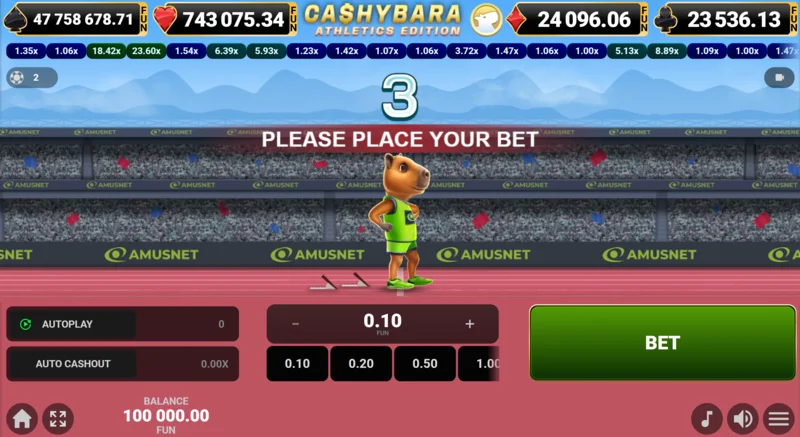 Cashybara Athletics Edition - Main racing screen na may multiplier counter